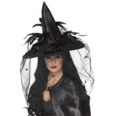Witch Hat, Feathers and Netting, Black