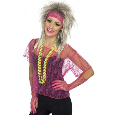 Lace Net Vest Neon Pink With Gloves And Headband