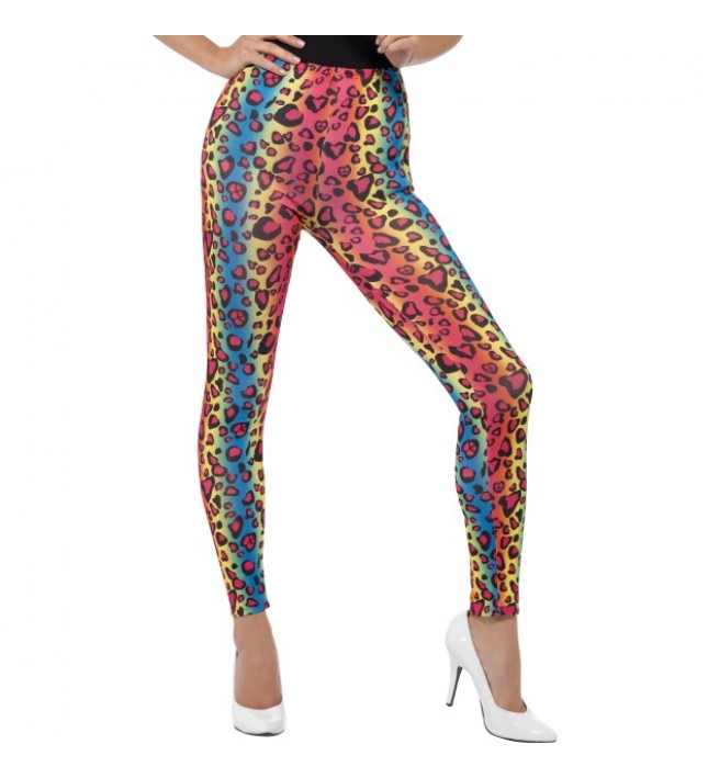 Ladies 1980s Neon Leopard Print Fancy Dress Leggings