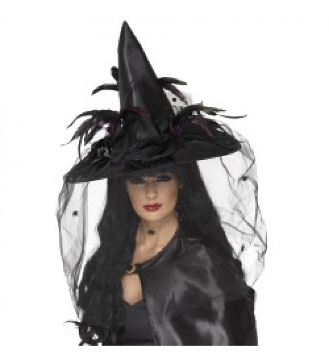 Witch Hat, Feathers and Netting, Black