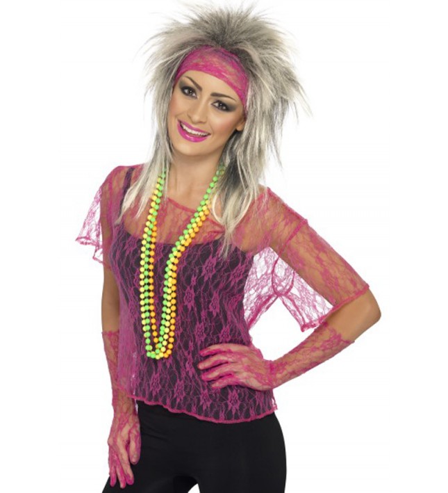 Lace Net Vest Neon Pink With Gloves And Headband