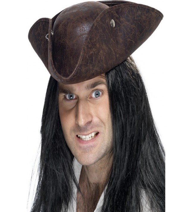 Brown Broken Leather Look Pirate Tricon Hat