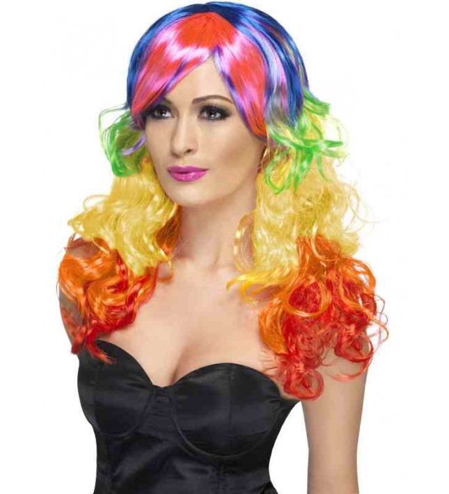 Ladies 80s Rainbow Curly Fancy Dress Wig
