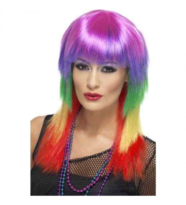 Ladies 80s Rainbow Rocker Fancy Dress Wig