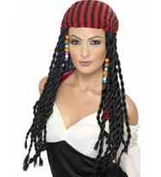 Ladies Fancy Dress Pirate Wig With Braids And Headscarf