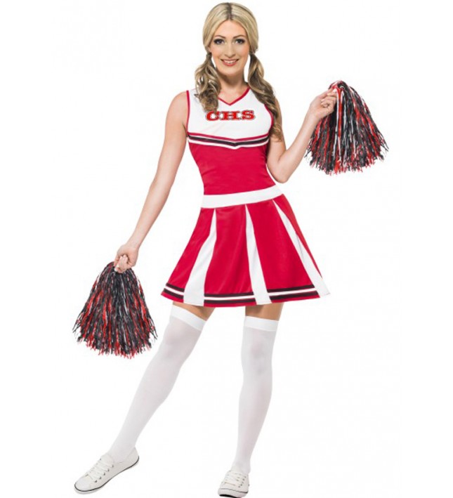 Ladies Cheerleader Fancy Dress Costume With Pom Poms