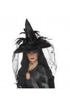 Witch Hat, Feathers and Netting, Black