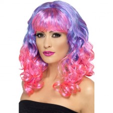 Ladies Purple And Pink Curly Fancy Dress Wig