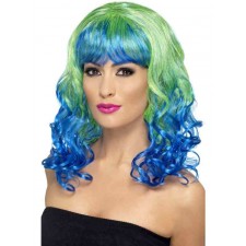 Ladies Shoulder Length Green And Blue Fancy Dress Wig